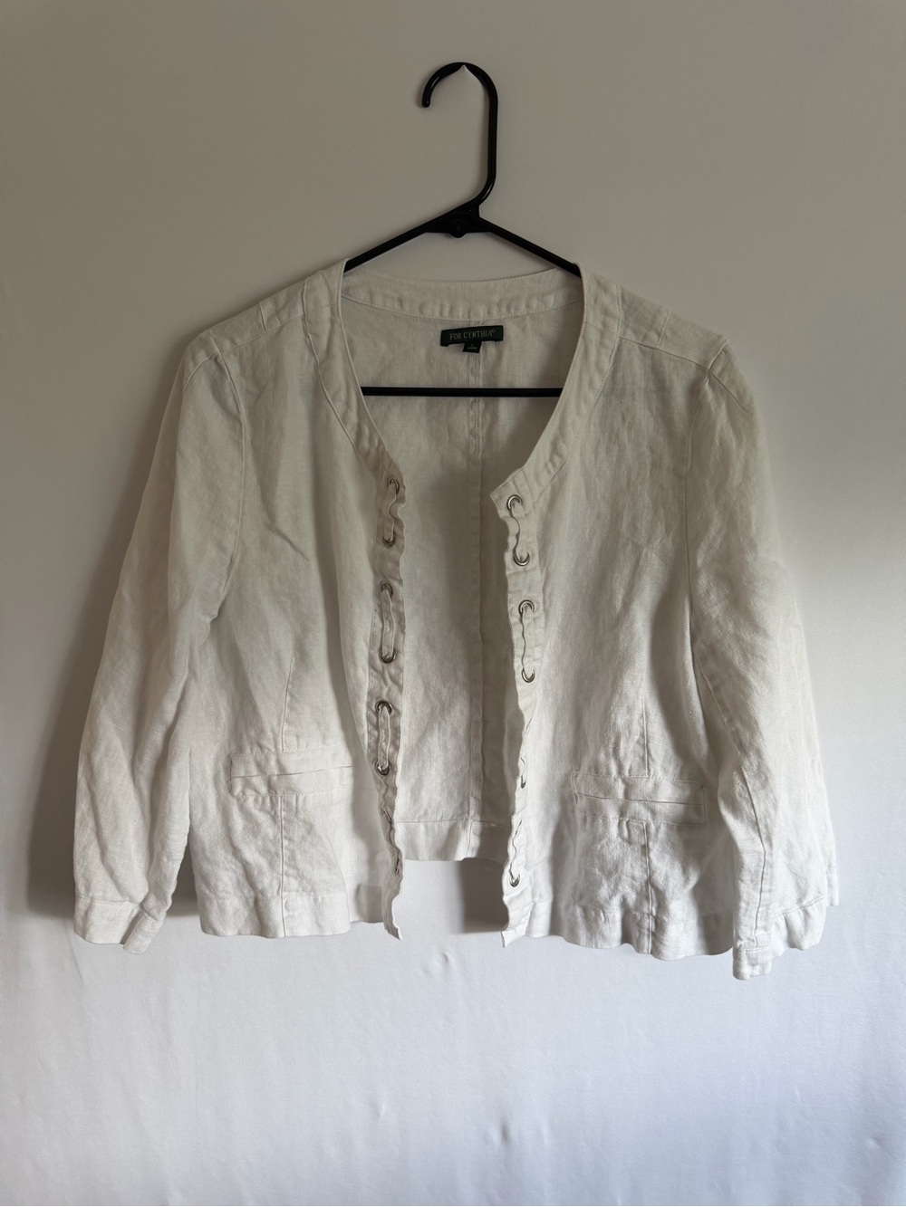 For Cynthia Linen Jacket Women L White Grommet Lace Up Cropped Blazer